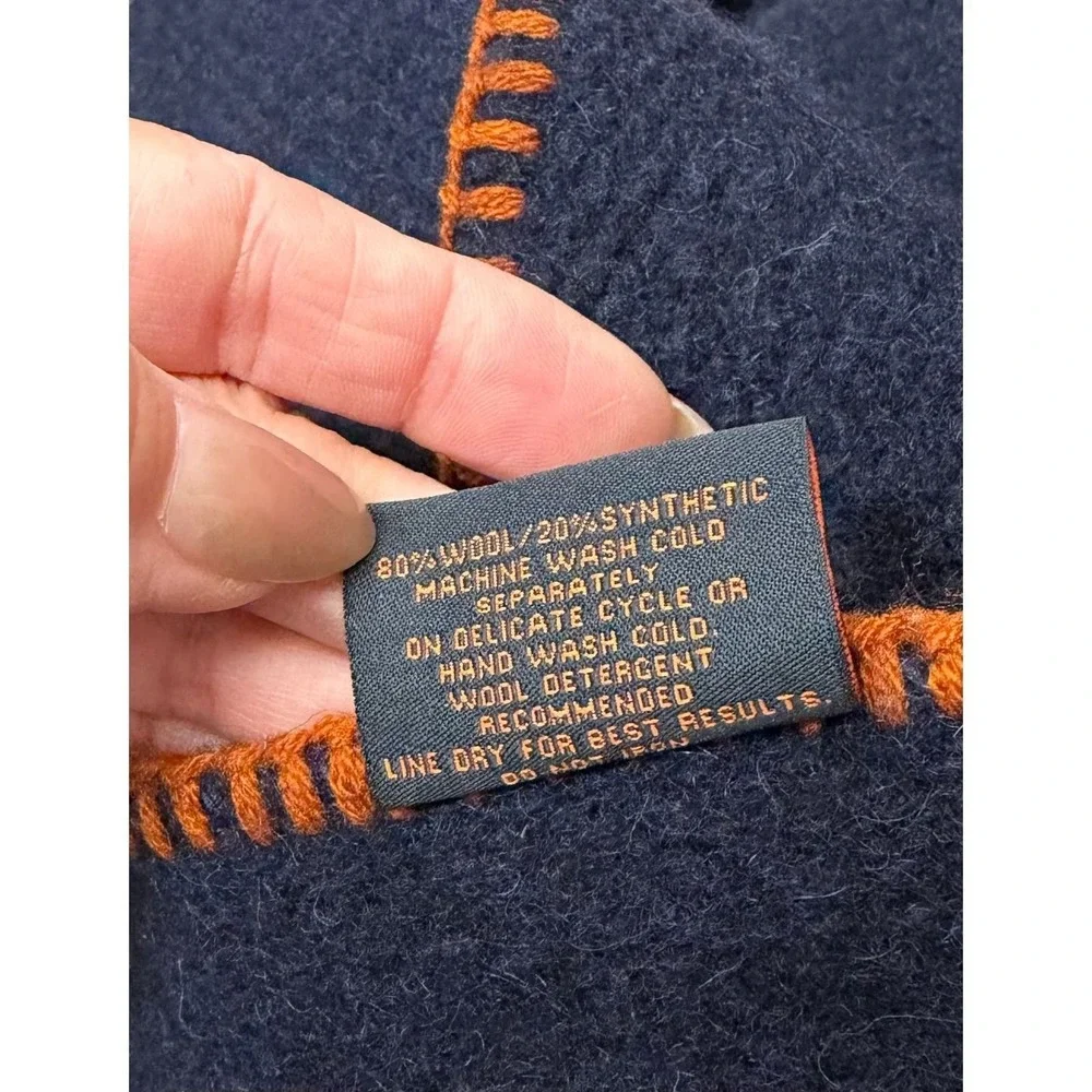 Jmr USA Wool Blend Navy Blue Blanket Orange Whip Stitch 66x82 Throw
